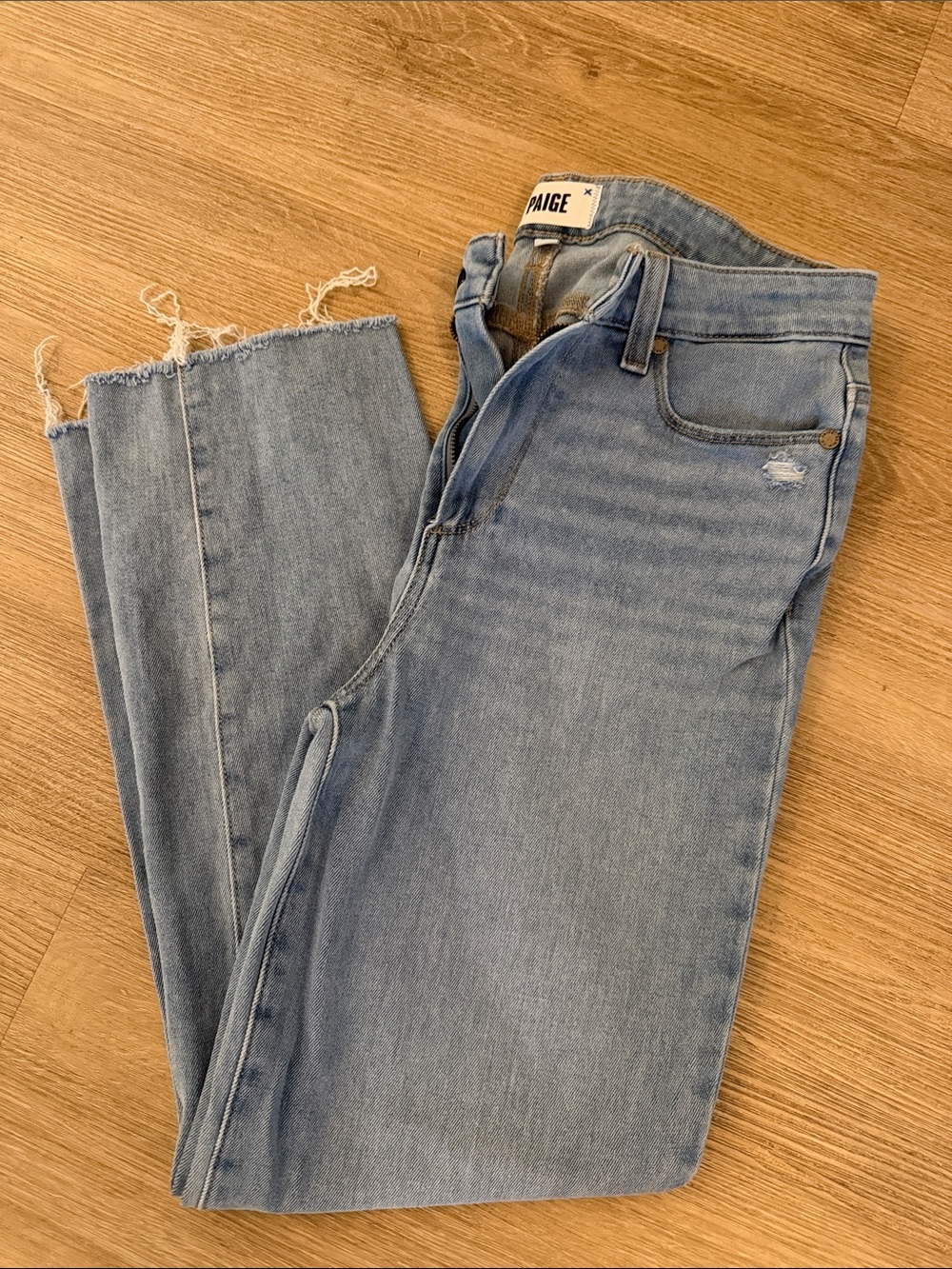 PAIGE Light Blue Raw Hem Straight Jeans